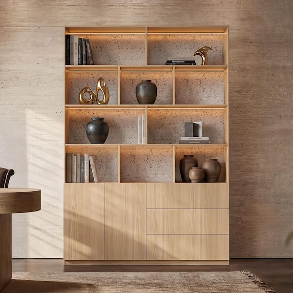 Natural Wood 92.5 in. Accent Cabinet Office Storage Cabinet with 10-Shelves, 2-Cabinets, 3-Drawers, LED Lighting