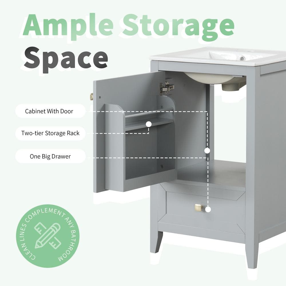 Gray MDF Freestanding Bathroom Vanity with White Ceramic Sink