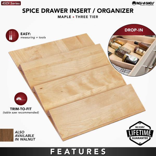 Natural Maple 3-Tier Wooden Spice Drawer Organizer Insert