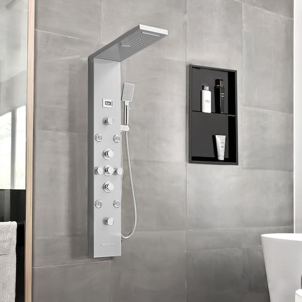 Dual 6-in-One 8-Jet Shower Panel Tower System with Rainfall and Waterfall Head in Brushed Nickel and Chrome