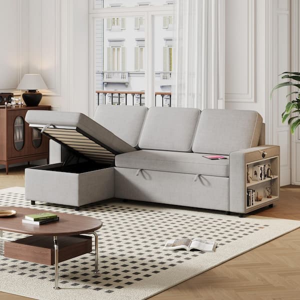 Light Grey 85.8 in. LShaped Polyester Convertible Pull-Out Sleeper Sofa Bed with Storage Chaise Racks and Charging Ports