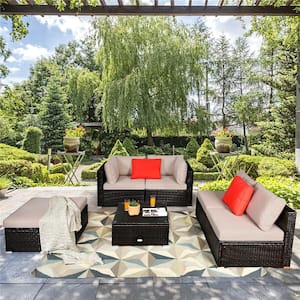 6-Piece Brown Wicker Outdoor Patio Rattan Furniture Set Sectional Sofa Ottoman with Beige Cushions
