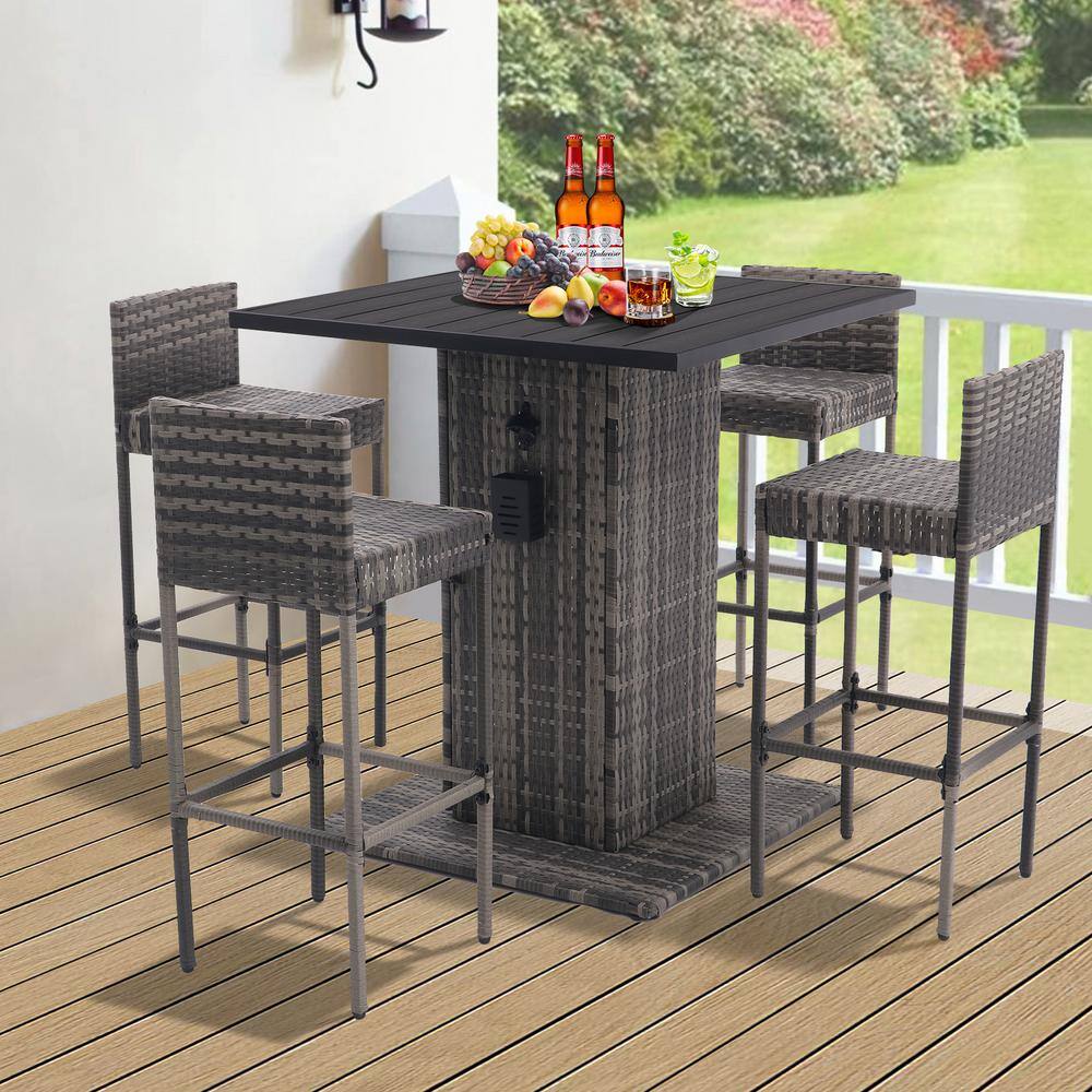 5-Piece Wood Outdoor Serving Bar Set Outdoor Conversation Set Patio Furnitu