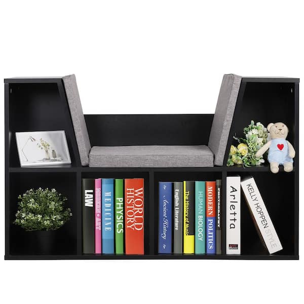 VEIKOUS 25 in. Kids Bookcase Reading Nook Toy Storage Cabinet with Cushions and 6 Cubbies, Black