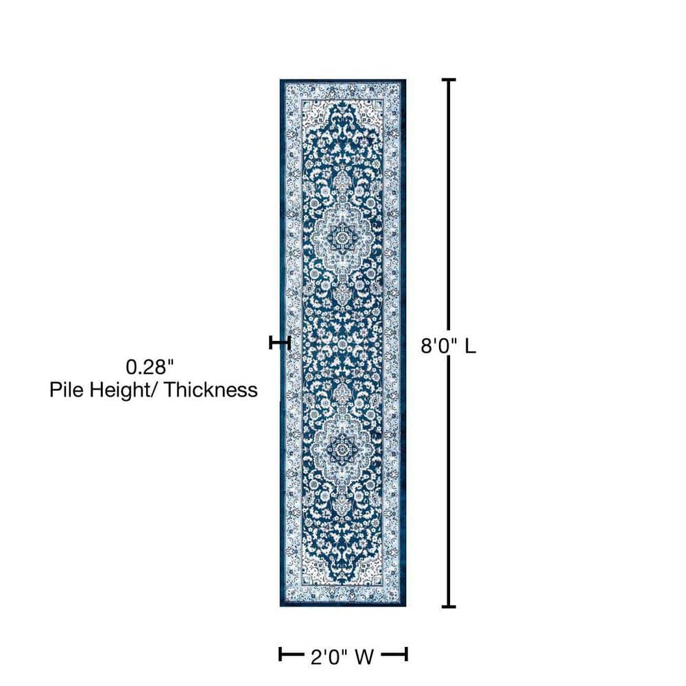 Navy and Blue Synthetic Medallion Runner Rug, 2' x 8'