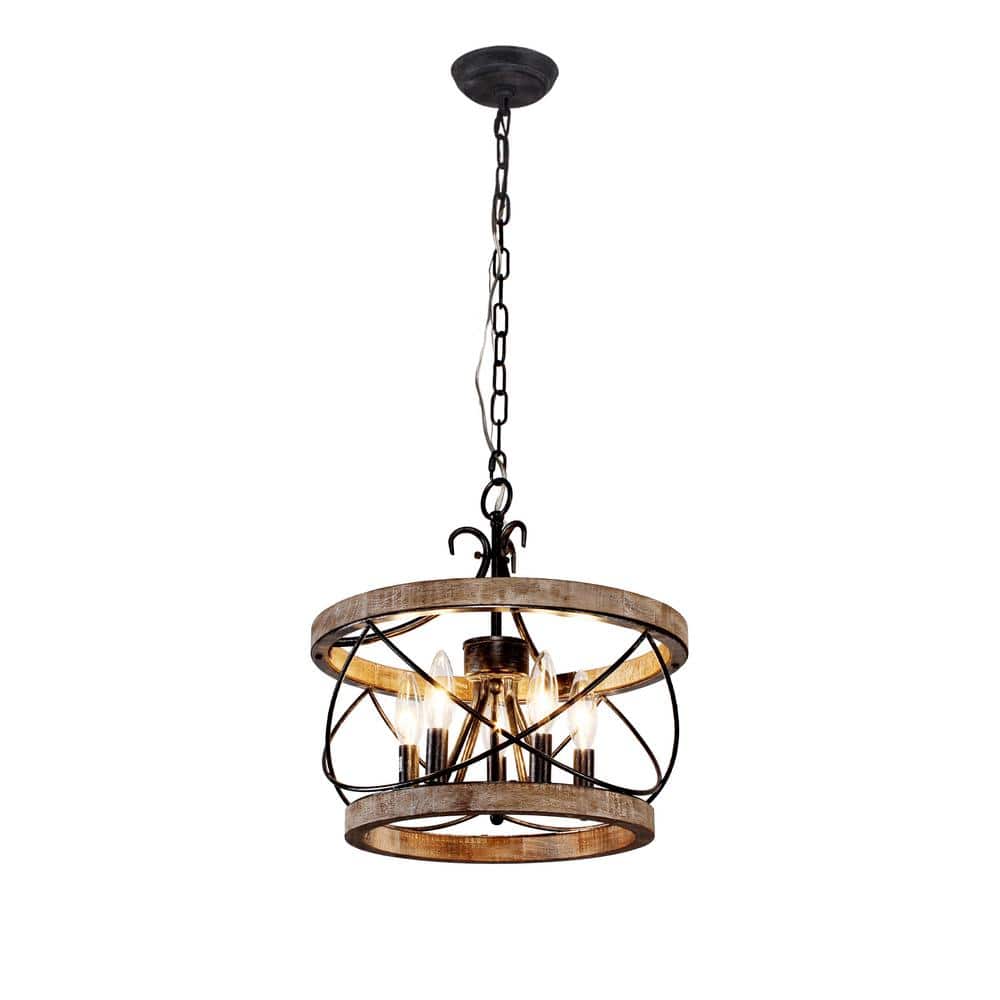15.7" Weathered Wood Drum Farmhouse Chandelier with Adjustable Chain