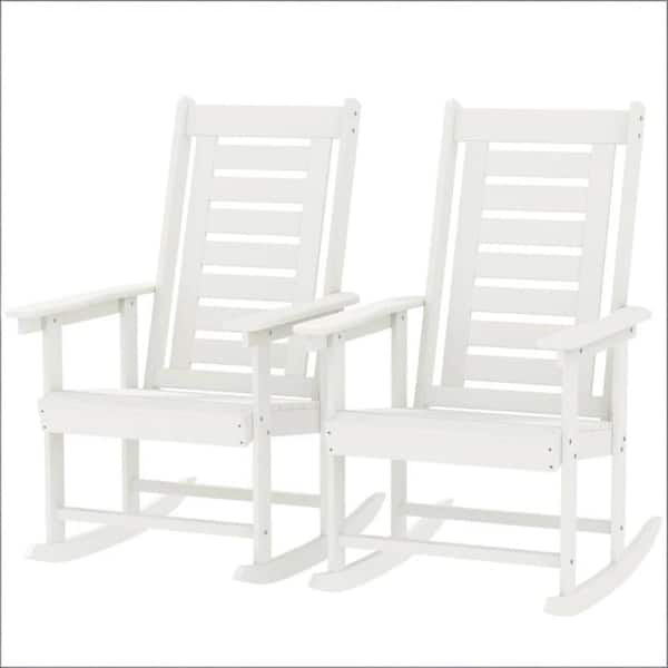 2 Pieces White Outdoor High Back Rocking Chairs for Garden, Backyard, Patio