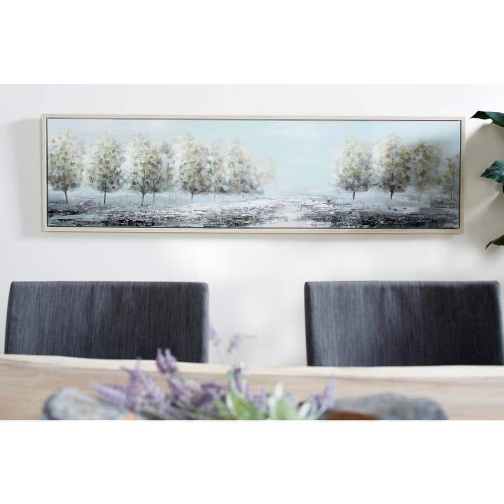 Green and Beige Landscape Acrylic Painting on Canvas with Tan Frame