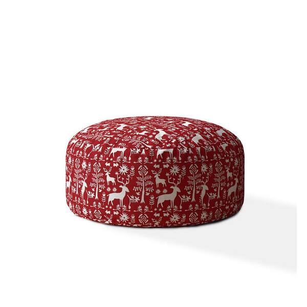 HomeRoots Charlie Red And White Cotton Round Pouf Cover Only