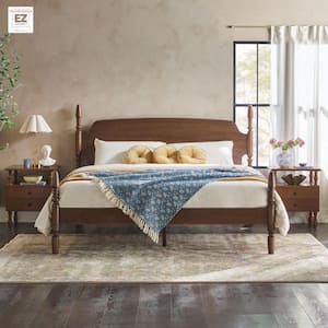 Modern Farmhouse Easy Assembly Brown Solid Wood Frame King Platform Bed with Spindle Detailing