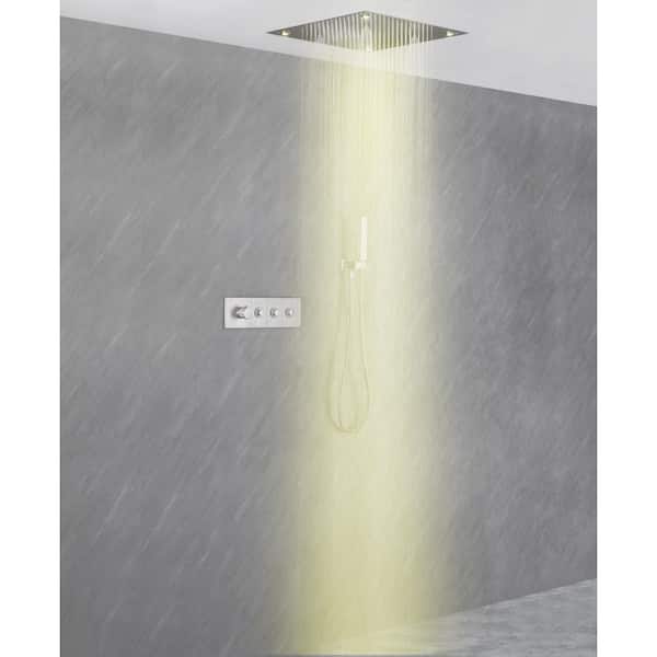 Luxury Single Handle 2-Spray Shower Faucet 1.8 GPM with 20 in. LED Ceiling Head and Anti-Scald Valve in Brushed Nickel
