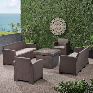 Jennings Brown 5-Piece Faux Wicker Patio Fire Pit Seating Set with Mixed Beige Cushions