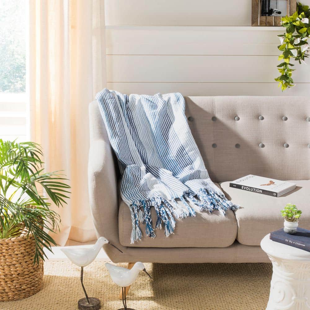 Blue and White Knitted Cotton Fringe Throw Blanket