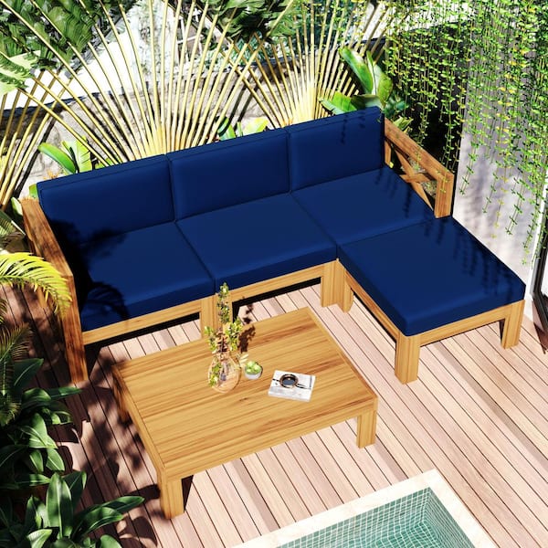 Cesicia Natural Frame 5-Piece Wood Outdoor Sectional Sofa Set with Blue Cushions