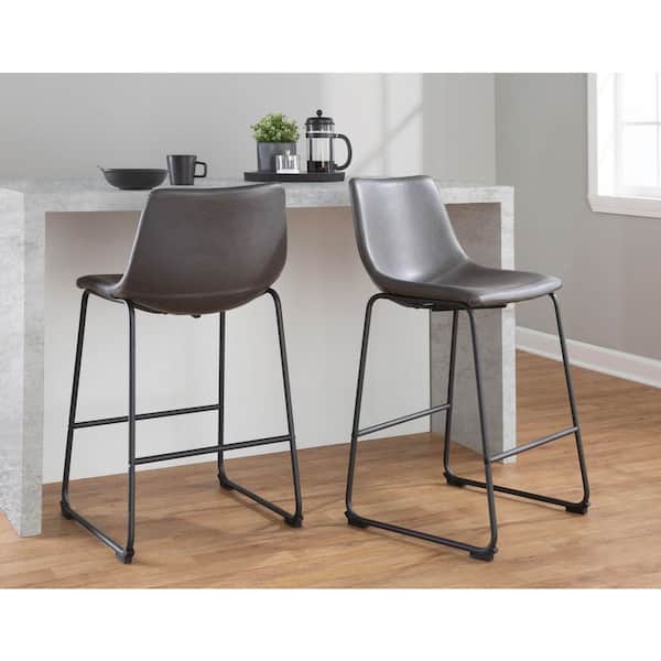 Duke 26 in. Black Metal and Grey Faux Leather Fixed-Height Counter Stool
