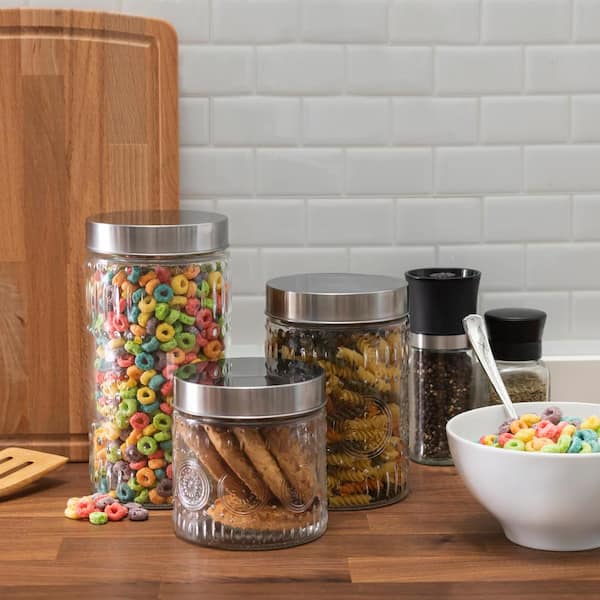 Food Storage Containers, 4 Packs Airtight Clear Plastic Kitchen Canisters with One Button Pop Up Lids for Food Storage, Cereal, Candies, Cookies