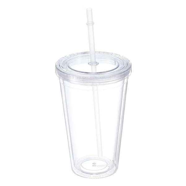 16 oz Double Wall Clear Acrylic Tumbler with Lid and Straw, Reusable Insulated Travel Cup, Grey Cups