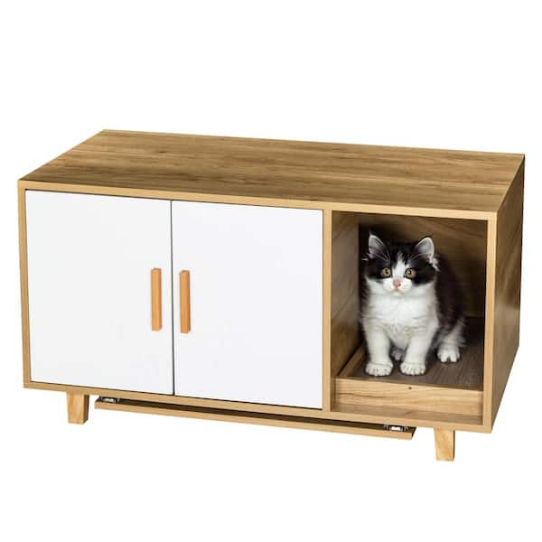 Unbranded 36 in. W x 20.47 in. D x 19.8 in. H Beige Linen Cabinet with Cat Litter Box, Food Bowls and Scratch Pad