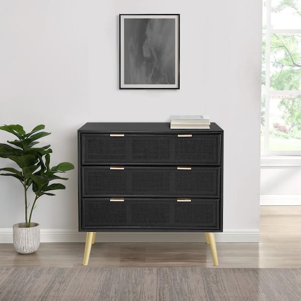 Benjara 15 in. W Black and Gold 3-Drawers Modern Dresser Chest Cabinet with Woven Rattan