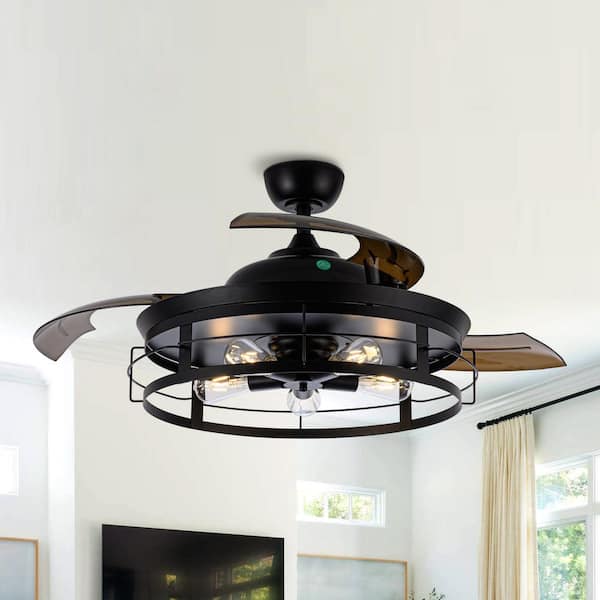 Parrot Uncle 52 in. Indoor Black Modern Industrial Retractable Ceiling Fan with Light Kit and Remote Control, AC Motor