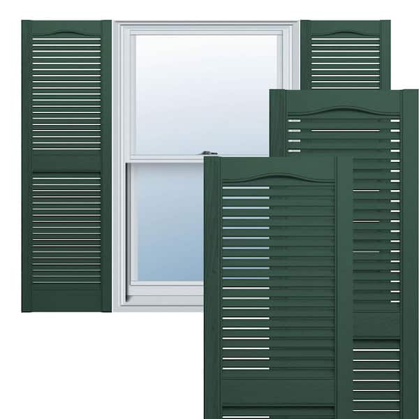Ekena Millwork 14-1/2 in. x 67 in. Lifetime Vinyl Standard Cathedral Top Center Mullion Open Louvered Shutters Pair Midnight Green