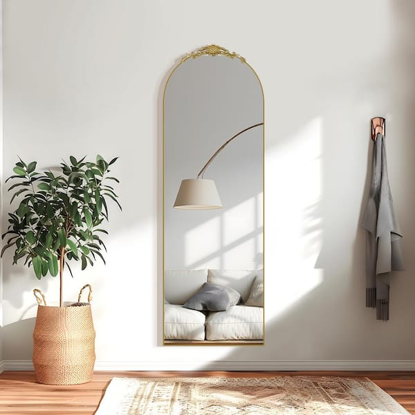 Dovelina 25 in. W x 63 in. H Arch Mirror Gold Wood Removable Carved Design Framed Mirror Full Length Floor Mirror