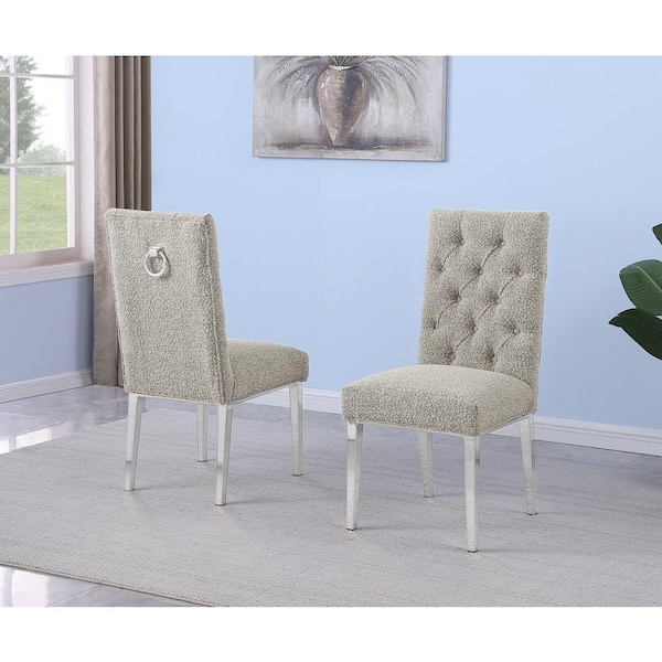 Best Quality Furniture Melina Grey Boucle Fabric Side Chair Set of 2 with Chrome Plated Legs