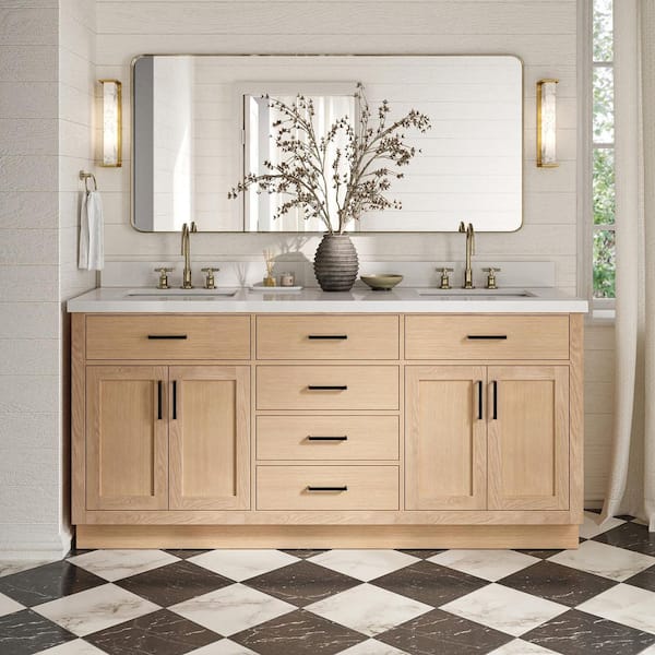 Hepburn 72 in. Double Sink Freestanding Bathroom Vanity in Oak with Pure White Quartz Top