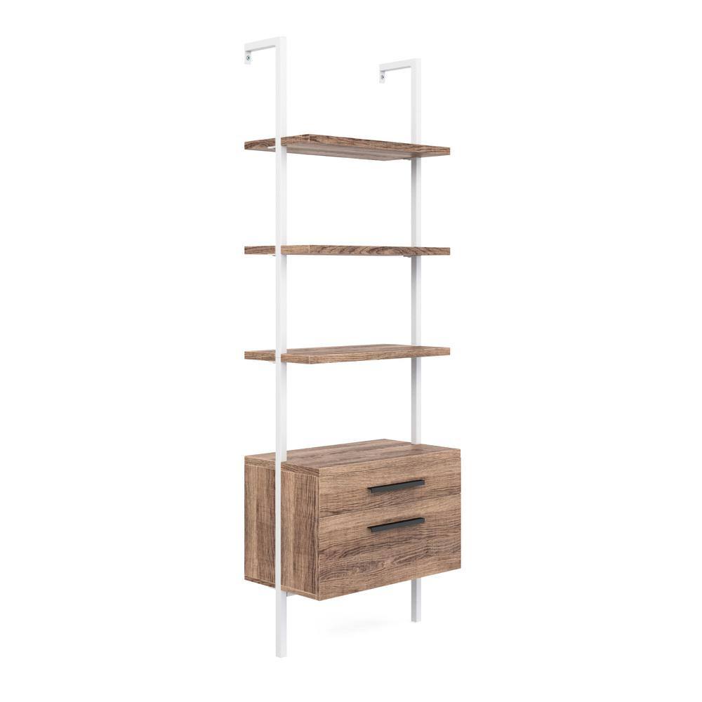 Theo Oak and White 3-Tier Ladder Bookshelf with Storage Drawers