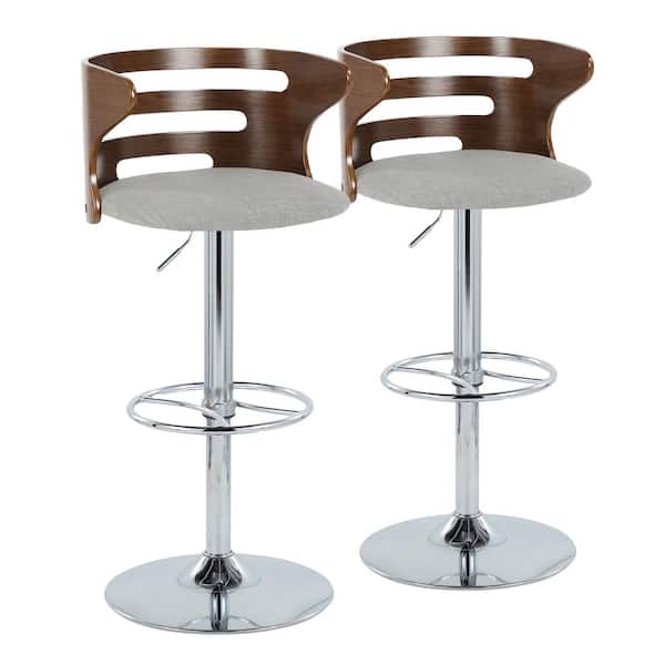 Lumisource Cosi 32.25 in. Grey Fabric, Walnut Wood, Chrome Metal Adjustable Bar Stool Wheel Footrest (Set of 2)