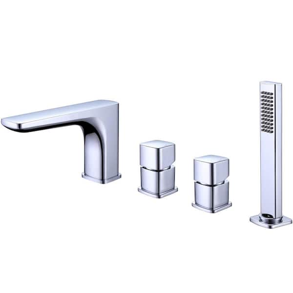 2-Handle Deck-Mount Roman Tub Faucet with Hand Shower 4-Hole Brass Tub Fillers in Polished Chrome