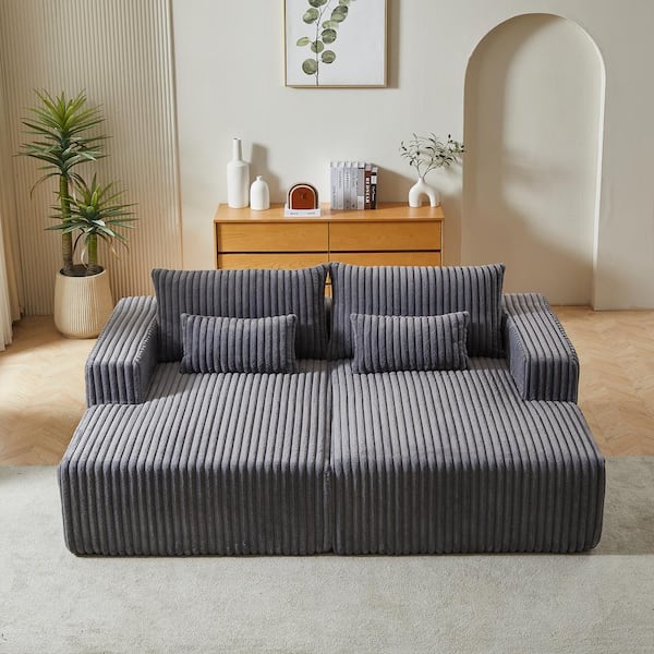 Magic Home 87 in.W Square Arm Plush Corduroy Fabric Sofa with cylindrical pillow package in Gray
