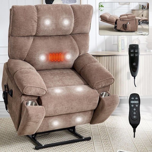 aisword Brown Oversized Dual Motor Chenille Power Lift Recliner with Heat and Massage, 2-Pocket Cup Holders
