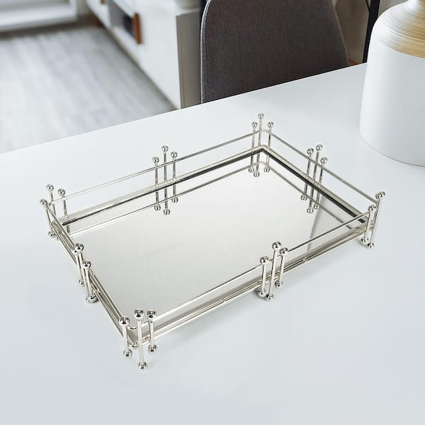LIVING LUXURY Radiant 15 in. Silver Rectangle Metal Mirror Decorative Tray