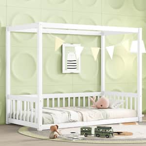 White Wood Frame Twin Size Platform Bed with Canopy Frame, Fence Guardrails