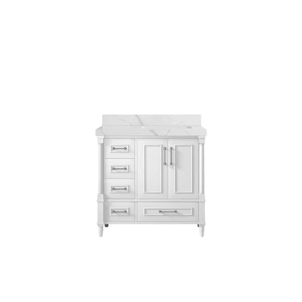 Willow Collections Hudson 36 in. W x 22 in. D x 36 in. H Right Offset Sink Bath Vanity in White with 2 in. Calacatta Quartz Top