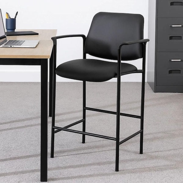Vinyl Footrest Ergonomic Office Stool in Black with Non-Adjustable Arms