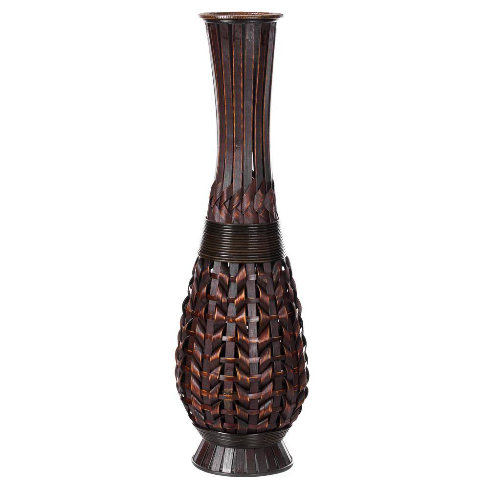 Antique Fluted Metallic Brown Bamboo Floor Vase with Aged Finish