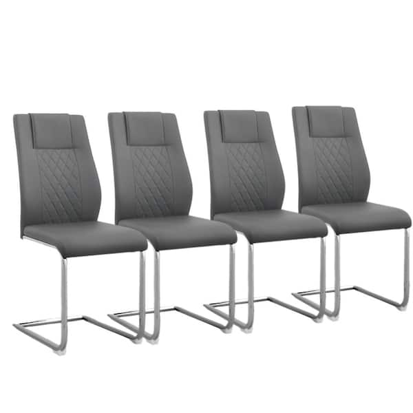 Unbranded Modern Grey PU Leather Dining Chairs with Padded Upholstered Seat C-shape Metal Legs and High Back (Set of 4)