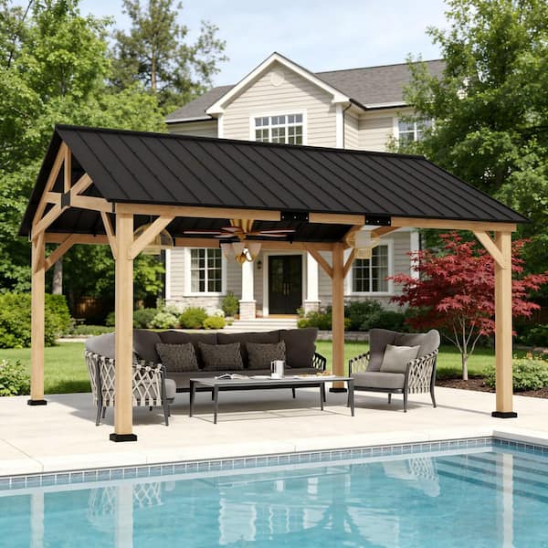 13 ft. x 11 ft. Cedar Wood Hardtop Outdoor Patio Gazebo with Galvanized Steel Roof and Ceiling Hook Brown