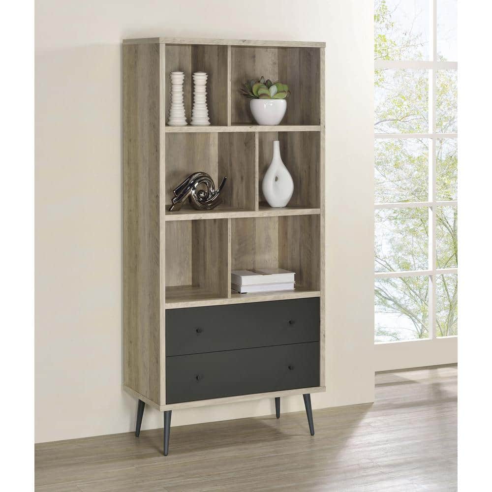 Maeve 70" Mid Century Modern Gray Wood Bookcase with Drawers