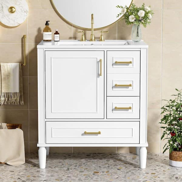 30 in. Single Sink Freestanding White Bath Vanity with White Ceramic Top and 3 Drawer Storage Cabinet Unassembled