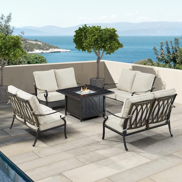 Oakland Living Black Aluminum Fire Table Set with 4-Deep Seating Loveseats