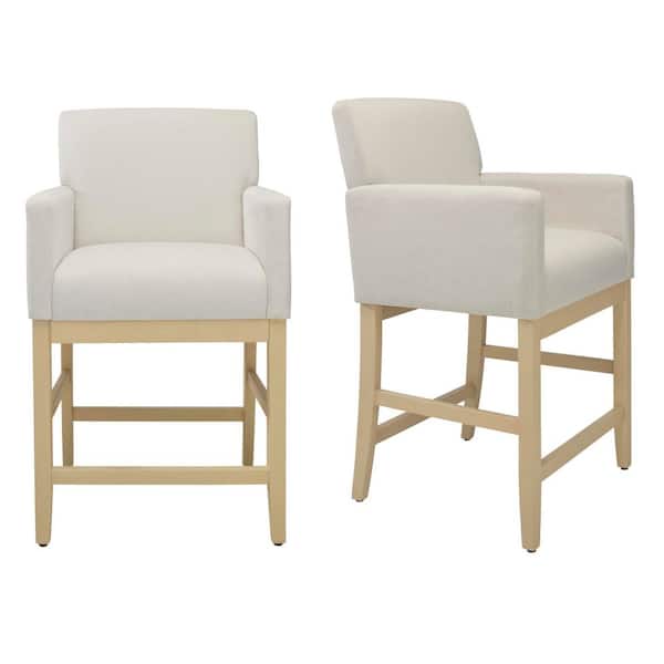 Keswick 38.80 in. H Beige Upholstered Solid Wood Counter Height Stool with Cerused White Oak Wood Legs