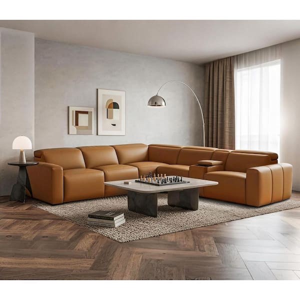 121 in. Double Width Leather Power Reclining Sectional Sofa with Zero-Gravity, Wireless Charging Console in. Carmel