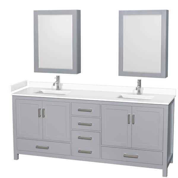 Wyndham Collection Sheffield 80 in. W x 22 in. D x 35 in. H Double Bath Vanity in Gray with White Cultured Marble Top and MC Mirrors