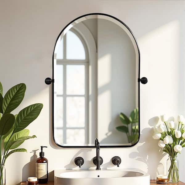 Wooakway 24 in W x 31 in. H Arch Metal Mirror Framed Wall Mounted Bathroom / Vanity Mirror Black