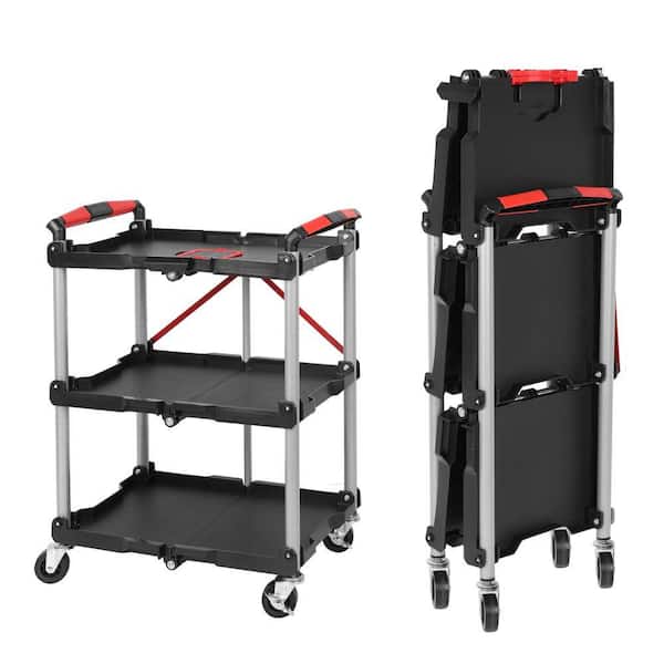 15 in. W 3-Shelf Black Foldable Utility Rolling Tool Carts with Swivel Wheels, Ergonomic Handle for Garage, Office