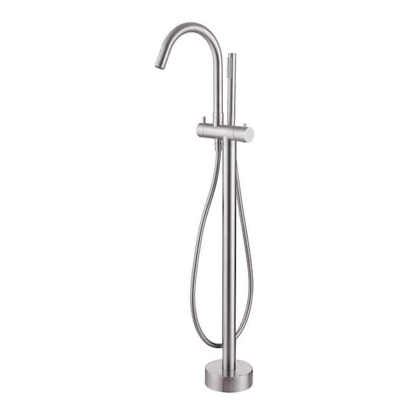 2-Handle Thermostatic Freestanding Tub Faucet with Hand Shower 1 Hole Floor Mounted Bathtub Fillers in Brushed Nickel