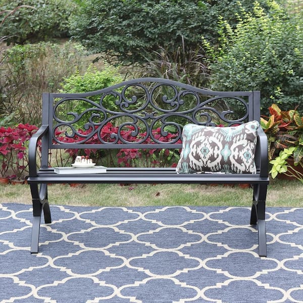 50 in. Black Cast Iron Metal Frame Outdoor Bench with Floral